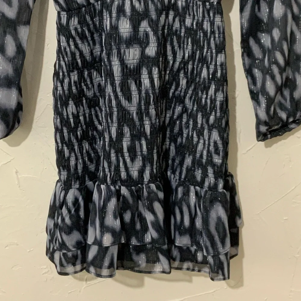 Socialite Metallic Chiffon Smock Waist Ruffle Hem Long Sleeve Mini Dress Sz XS